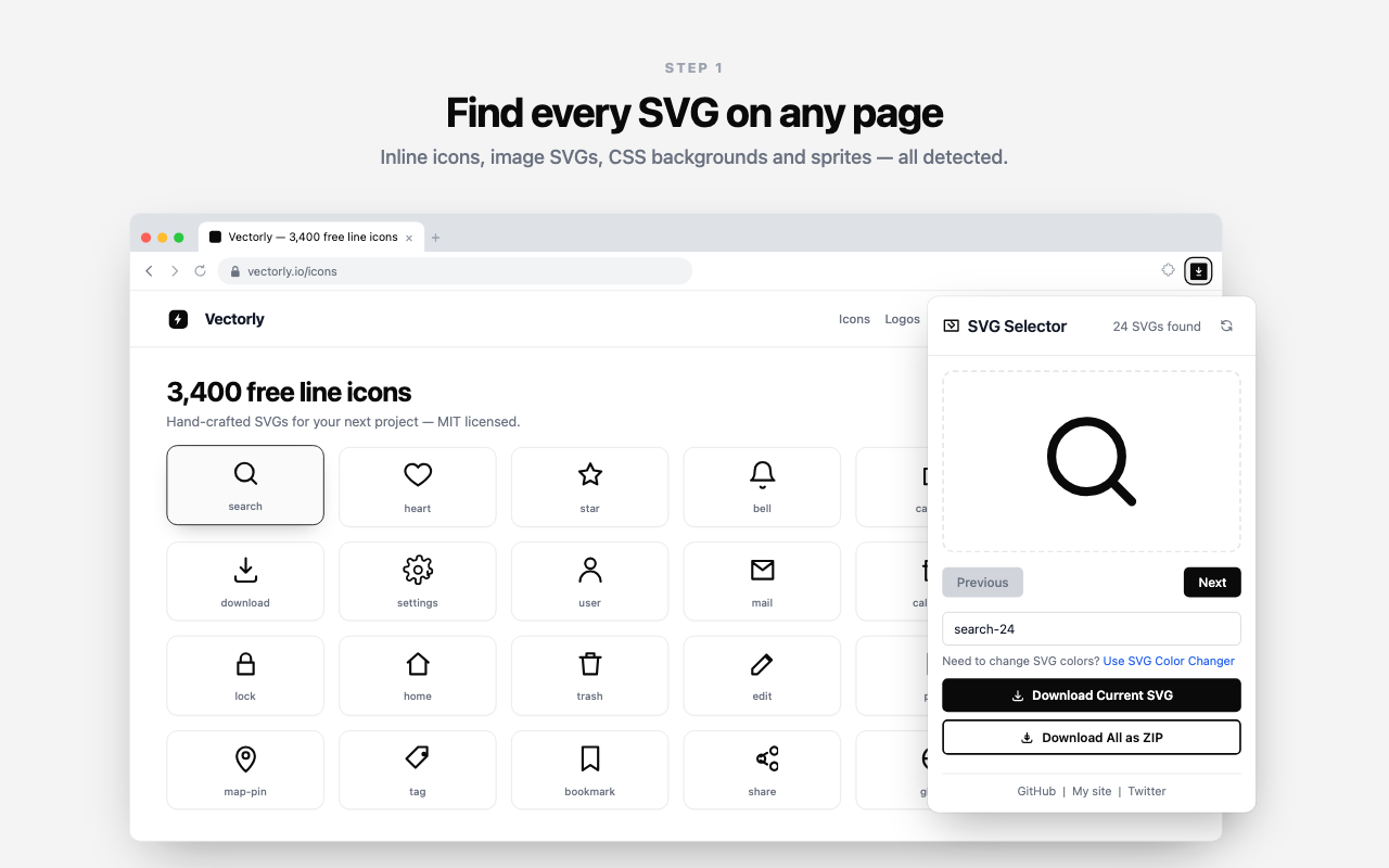SVG Downloader detecting a full set of inline SVG icon components on a website