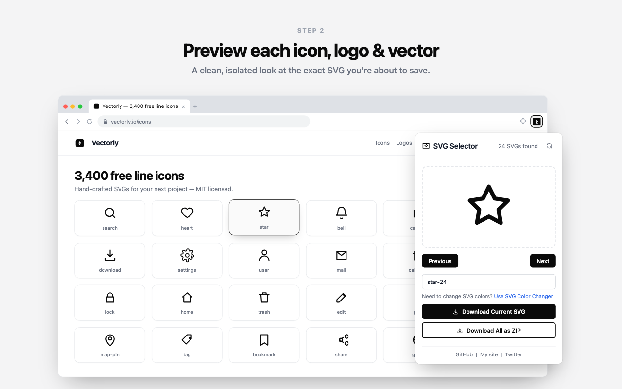 SVG Downloader popup showing an isolated preview of an SVG icon with Previous and Next controls